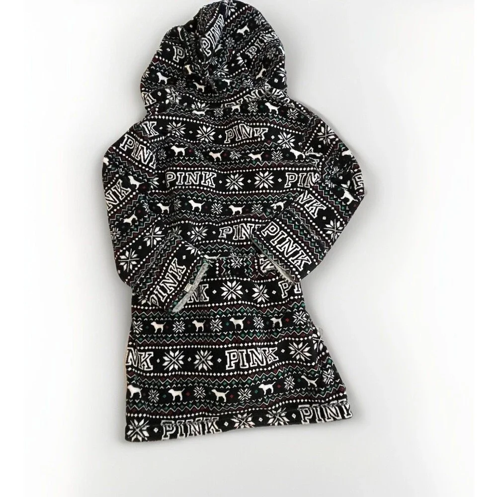 Victoria's Secret Plush Soft PINK Black White Snowflake Reversible Bathrobe XS S